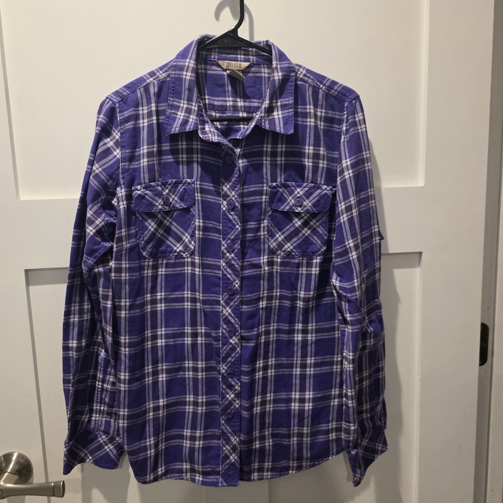 Duluth Trading Womens Crosscut Wicking Flannel Purple Plaid Shirt Roll Tab L